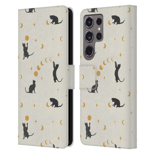 Episodic Drawing Pattern Cat And Moon Leather Book Wallet Case Cover For Samsung Galaxy S24 Ultra 5G