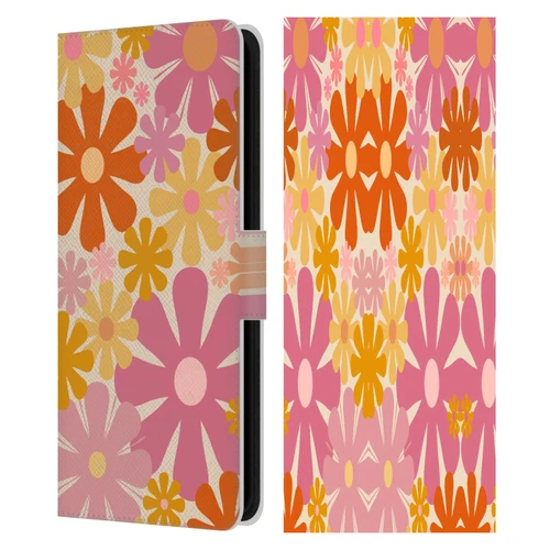 Kierkegaard Design Studio Retro Abstract Patterns Pink Orange Thulian Flowers Leather Book Wallet Case Cover For Samsung Galaxy S23 FE 5G