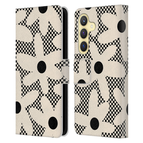 Kierkegaard Design Studio Retro Abstract Patterns Daisy Black Cream Dots Check Leather Book Wallet Case Cover For Samsung Galaxy S24 5G