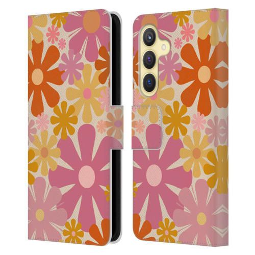 Kierkegaard Design Studio Retro Abstract Patterns Pink Orange Thulian Flowers Leather Book Wallet Case Cover For Samsung Galaxy S24 5G