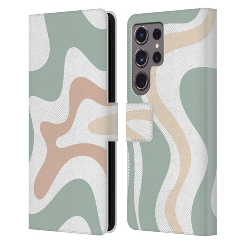 Kierkegaard Design Studio Retro Abstract Patterns Celadon Sage Swirl Leather Book Wallet Case Cover For Samsung Galaxy S24 Ultra 5G