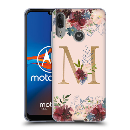 Nature Magick Flowers Monogram Rose Gold 1 Letter M Soft Gel Case for Motorola Moto E6 Plus