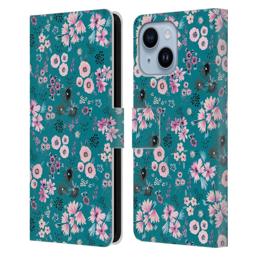 Ninola Floral Patterns Little Dark Turquoise Leather Book Wallet Case Cover For Apple iPhone 14 Plus
