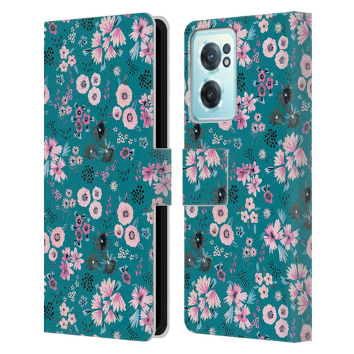 Ninola Floral Patterns Little Dark Turquoise Leather Book Wallet Case Cover For OnePlus Nord CE 2 5G