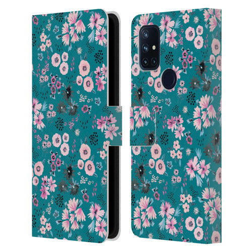 Ninola Floral Patterns Little Dark Turquoise Leather Book Wallet Case Cover For OnePlus Nord N10 5G