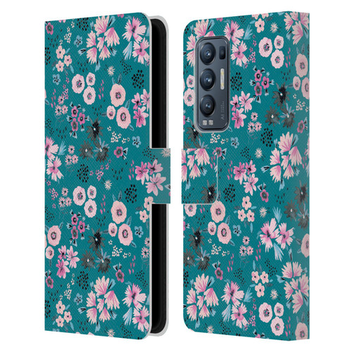 Ninola Floral Patterns Little Dark Turquoise Leather Book Wallet Case Cover For OPPO Find X3 Neo / Reno5 Pro+ 5G
