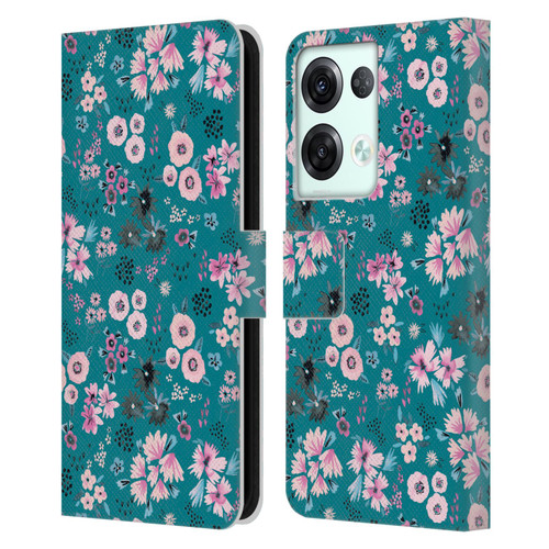 Ninola Floral Patterns Little Dark Turquoise Leather Book Wallet Case Cover For OPPO Reno8 Pro