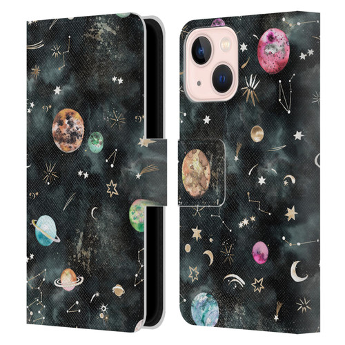 Ninola Watercolor Patterns Space Galaxy Planets Leather Book Wallet Case Cover For Apple iPhone 13 Mini