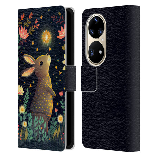 JK Stewart Art Rabbit Catching Falling Star Leather Book Wallet Case Cover For Huawei P50 Pro