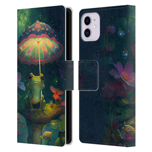 JK Stewart Art Frog With Umbrella Leather Book Wallet Case Cover For Apple iPhone 11
