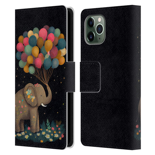 JK Stewart Art Elephant Holding Balloon Leather Book Wallet Case Cover For Apple iPhone 11 Pro