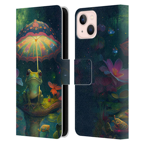 JK Stewart Art Frog With Umbrella Leather Book Wallet Case Cover For Apple iPhone 13