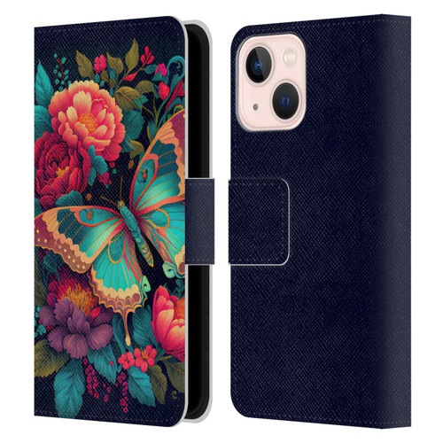 JK Stewart Art Butterfly And Flowers Leather Book Wallet Case Cover For Apple iPhone 13 Mini