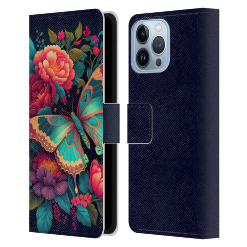 JK Stewart Art Butterfly And Flowers Leather Book Wallet Case Cover For Apple iPhone 13 Pro Max