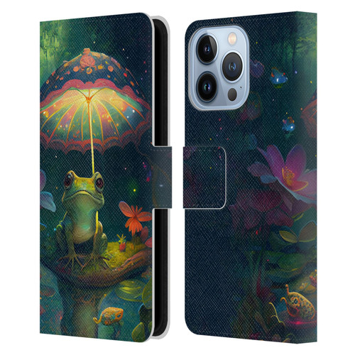 JK Stewart Art Frog With Umbrella Leather Book Wallet Case Cover For Apple iPhone 13 Pro