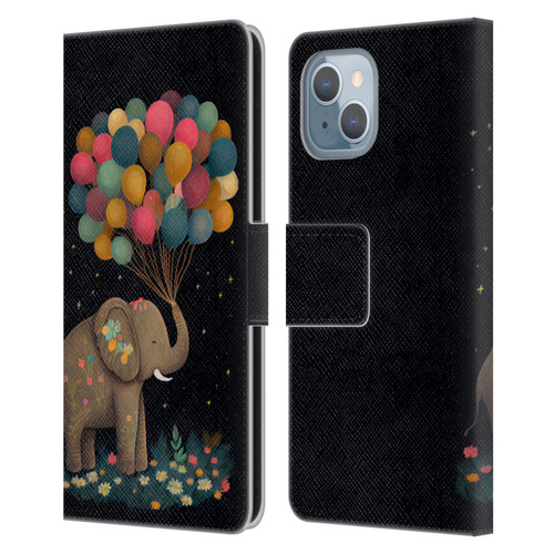 JK Stewart Art Elephant Holding Balloon Leather Book Wallet Case Cover For Apple iPhone 14