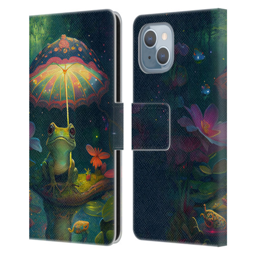 JK Stewart Art Frog With Umbrella Leather Book Wallet Case Cover For Apple iPhone 14