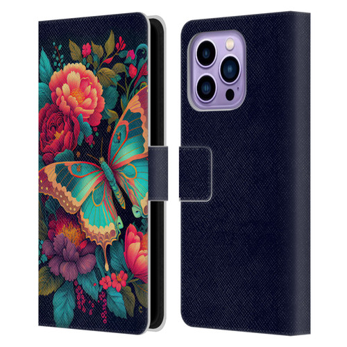 JK Stewart Art Butterfly And Flowers Leather Book Wallet Case Cover For Apple iPhone 14 Pro Max