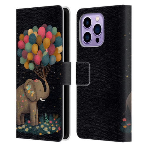 JK Stewart Art Elephant Holding Balloon Leather Book Wallet Case Cover For Apple iPhone 14 Pro Max