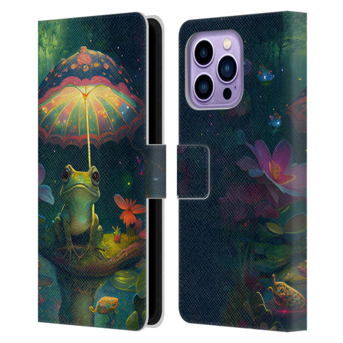 JK Stewart Art Frog With Umbrella Leather Book Wallet Case Cover For Apple iPhone 14 Pro Max
