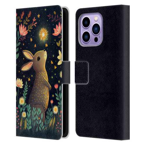 JK Stewart Art Rabbit Catching Falling Star Leather Book Wallet Case Cover For Apple iPhone 14 Pro Max
