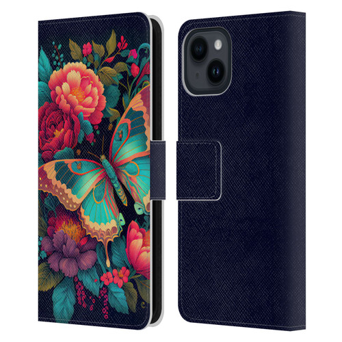 JK Stewart Art Butterfly And Flowers Leather Book Wallet Case Cover For Apple iPhone 15