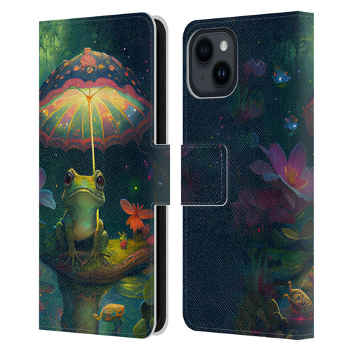 JK Stewart Art Frog With Umbrella Leather Book Wallet Case Cover For Apple iPhone 15