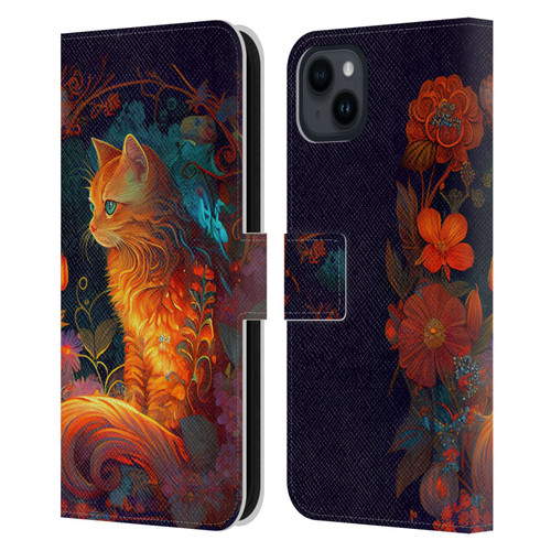 JK Stewart Art Cat Leather Book Wallet Case Cover For Apple iPhone 15 Plus