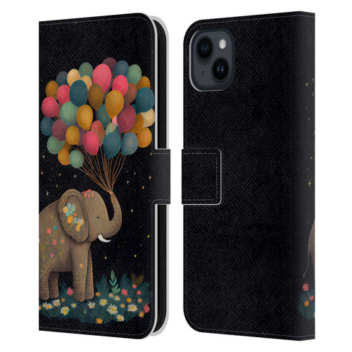 JK Stewart Art Elephant Holding Balloon Leather Book Wallet Case Cover For Apple iPhone 15 Plus