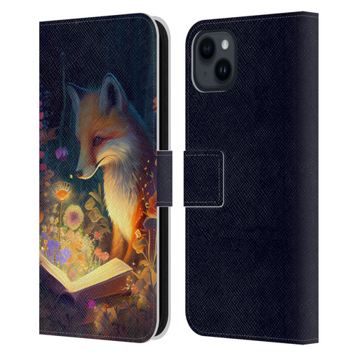 JK Stewart Art Fox Reading Leather Book Wallet Case Cover For Apple iPhone 15 Plus