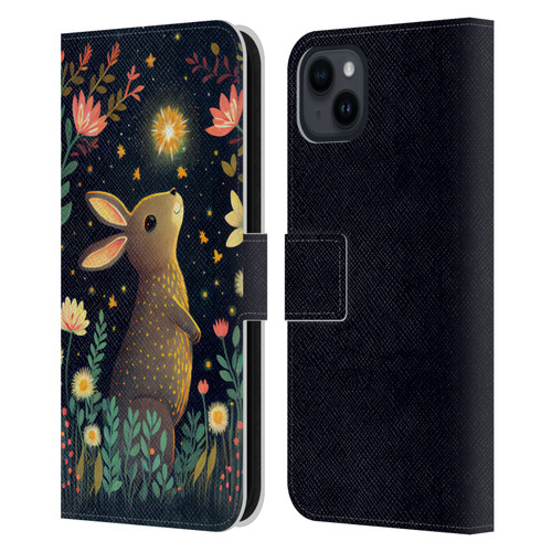 JK Stewart Art Rabbit Catching Falling Star Leather Book Wallet Case Cover For Apple iPhone 15 Plus
