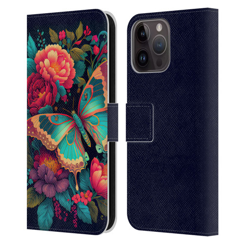 JK Stewart Art Butterfly And Flowers Leather Book Wallet Case Cover For Apple iPhone 15 Pro Max