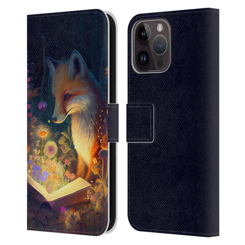 JK Stewart Art Fox Reading Leather Book Wallet Case Cover For Apple iPhone 15 Pro Max
