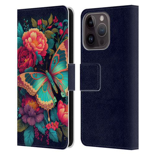 JK Stewart Art Butterfly And Flowers Leather Book Wallet Case Cover For Apple iPhone 15 Pro