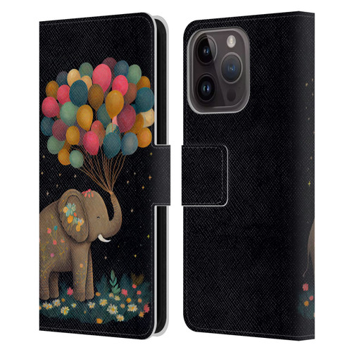 JK Stewart Art Elephant Holding Balloon Leather Book Wallet Case Cover For Apple iPhone 15 Pro