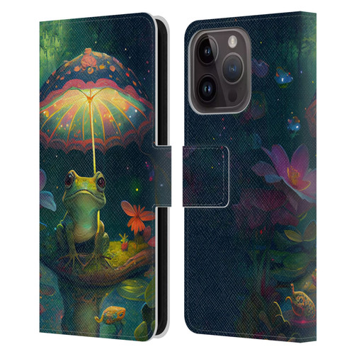 JK Stewart Art Frog With Umbrella Leather Book Wallet Case Cover For Apple iPhone 15 Pro