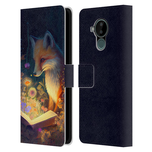 JK Stewart Art Fox Reading Leather Book Wallet Case Cover For Nokia C30