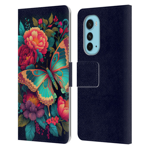 JK Stewart Art Butterfly And Flowers Leather Book Wallet Case Cover For Motorola Edge (2022)