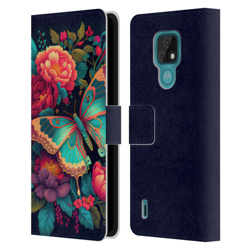 JK Stewart Art Butterfly And Flowers Leather Book Wallet Case Cover For Motorola Moto E7