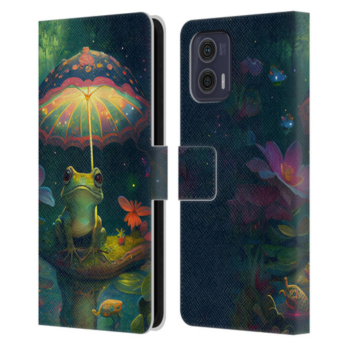 JK Stewart Art Frog With Umbrella Leather Book Wallet Case Cover For Motorola Moto G73 5G