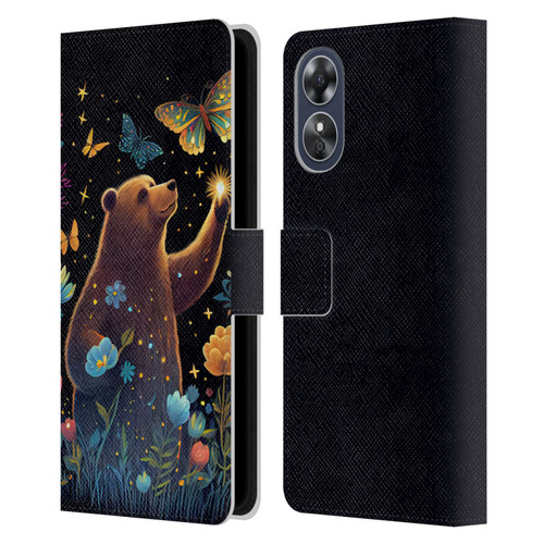 JK Stewart Art Bear Reaching Up Leather Book Wallet Case Cover For OPPO A17