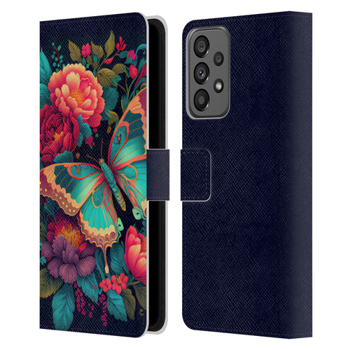 JK Stewart Art Butterfly And Flowers Leather Book Wallet Case Cover For Samsung Galaxy A73 5G (2022)