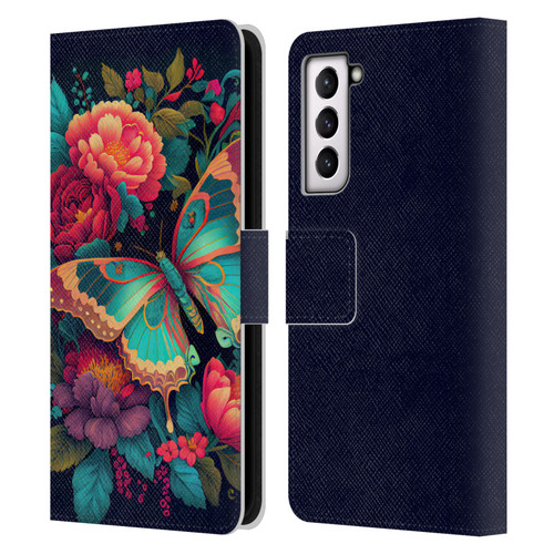 JK Stewart Art Butterfly And Flowers Leather Book Wallet Case Cover For Samsung Galaxy S21 5G