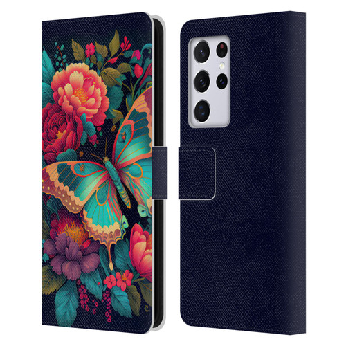 JK Stewart Art Butterfly And Flowers Leather Book Wallet Case Cover For Samsung Galaxy S21 Ultra 5G