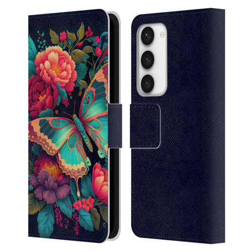 JK Stewart Art Butterfly And Flowers Leather Book Wallet Case Cover For Samsung Galaxy S23 5G