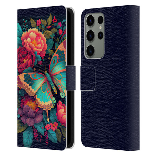 JK Stewart Art Butterfly And Flowers Leather Book Wallet Case Cover For Samsung Galaxy S23 Ultra 5G