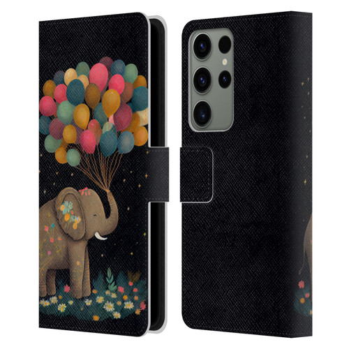 JK Stewart Art Elephant Holding Balloon Leather Book Wallet Case Cover For Samsung Galaxy S23 Ultra 5G