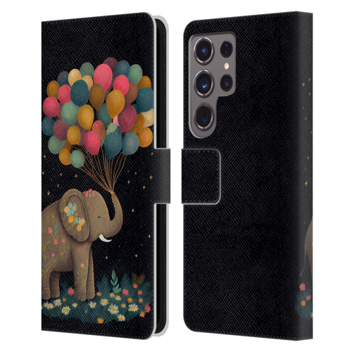 JK Stewart Art Elephant Holding Balloon Leather Book Wallet Case Cover For Samsung Galaxy S24 Ultra 5G