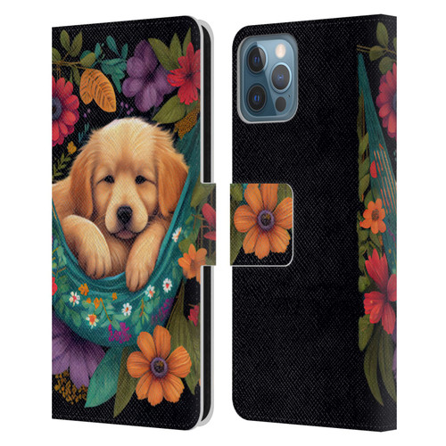 JK Stewart Graphics Golden Retriever In Hammock Leather Book Wallet Case Cover For Apple iPhone 12 / iPhone 12 Pro