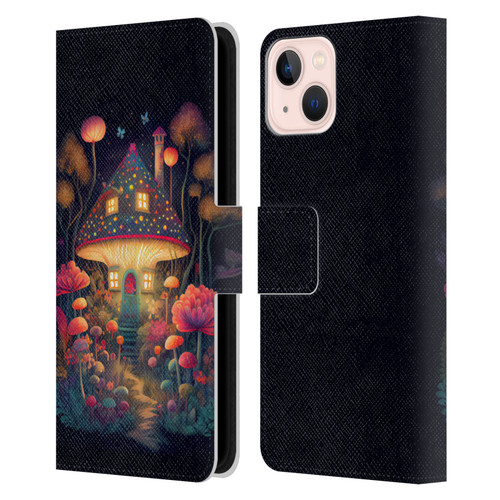 JK Stewart Graphics Mushroom Cottage Night Garden Leather Book Wallet Case Cover For Apple iPhone 13